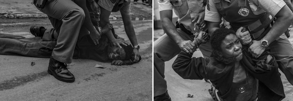 São Paulo, setembro de 2009: dominada a golpes violentos pelos soldados da PM Gilson (de óculos) e Nilton, a mulher que acabara de roubar uma carteira do porteiro Evangelista Oliveira, 48 anos na avenida Manuel Bandeira, é observada por operários que chegaram a dominá-la antes da chegada dos policiais. Os PMs aplicaram socos, chutes e usaram spray de pimenta para segurar a suspeita. O caso foi encaminhado para o 91 DP – CEAGESP.