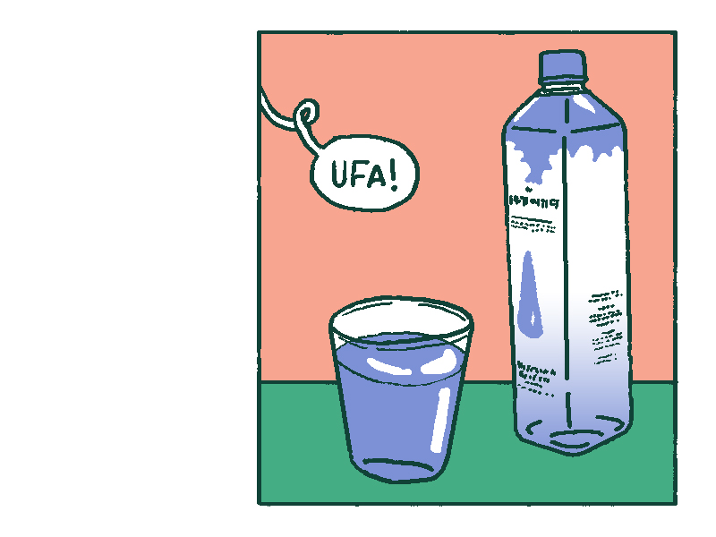 Ilustração de um copo de água e de uma garrafa de água