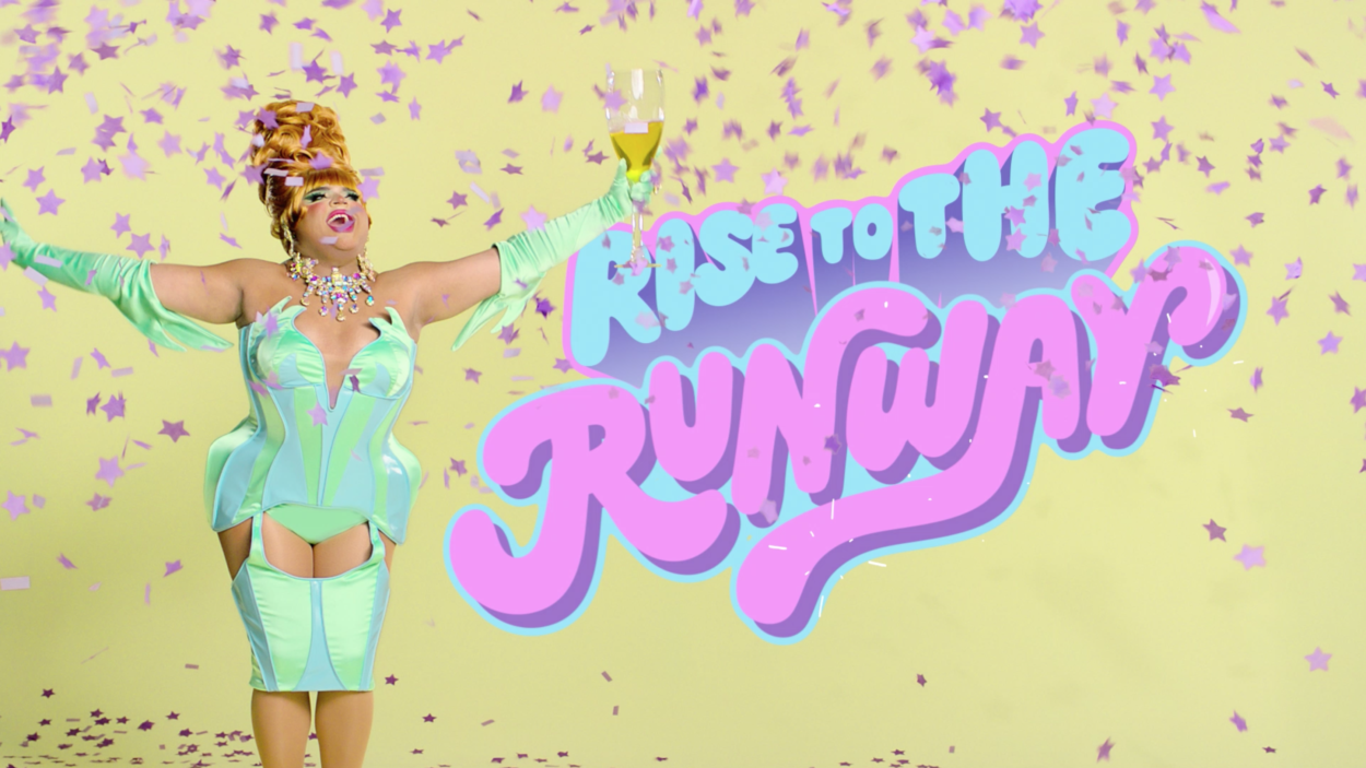foto da drag queen kandy muse com lettering de lebassis escrito Rise to the Runway