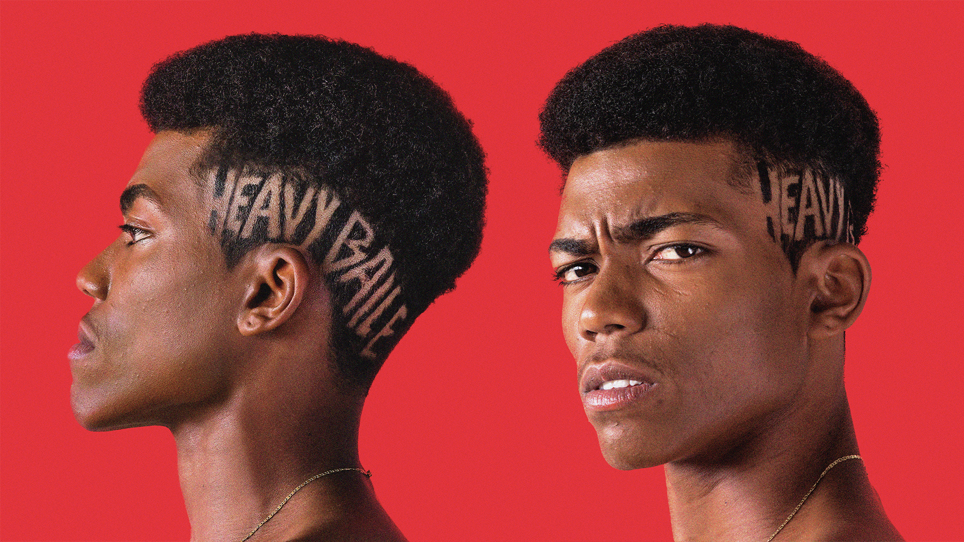 fotos da capa do primeiro álbum de estúdio do grupo heavy baile. fundo vermelho com heavy baile escrito no corte de cabelo de um menino jovem negro.