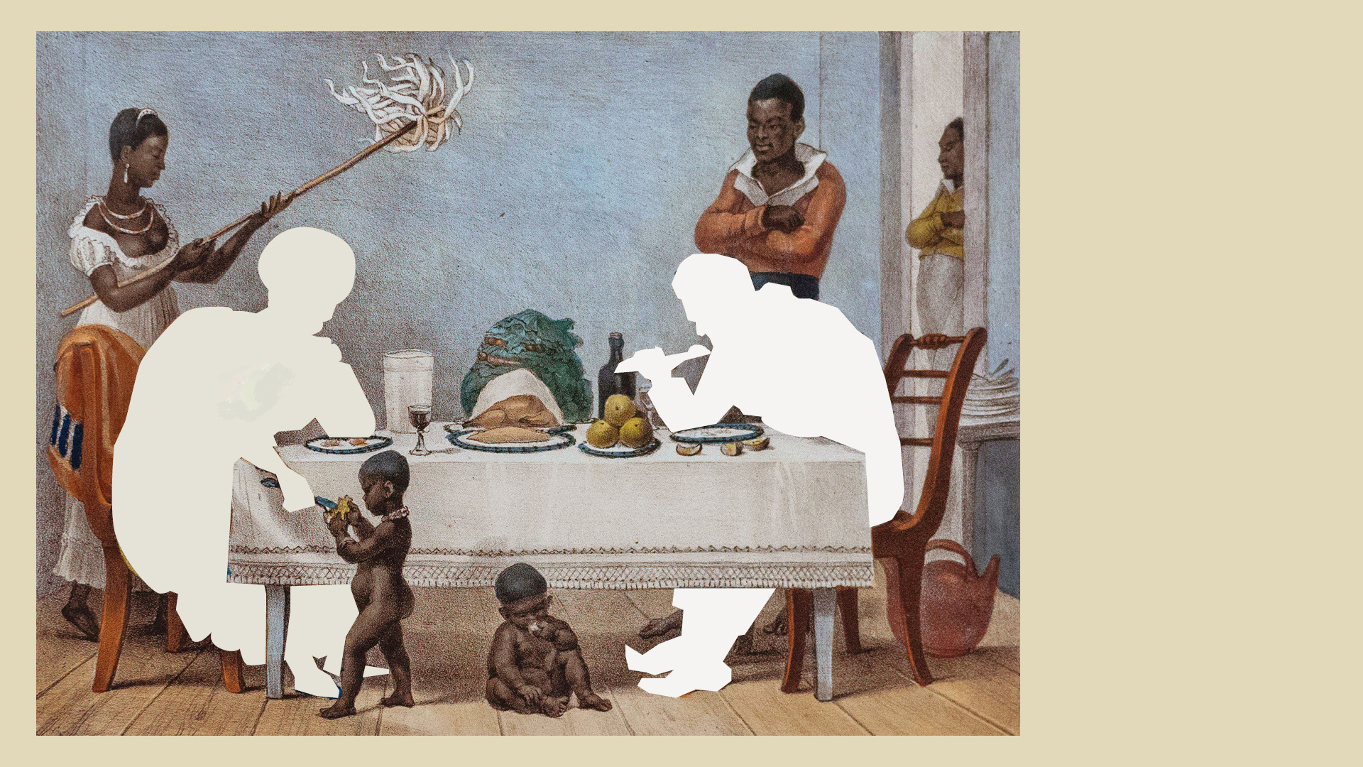 gravura de Jean-Baptiste Debret sobre a vida no Brasil colonial com as figuras brancas retiradas de cena