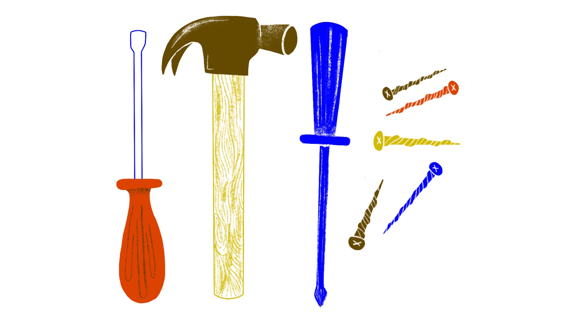 ilustração de feramentas: martelos, chaves de fenda e parafusos