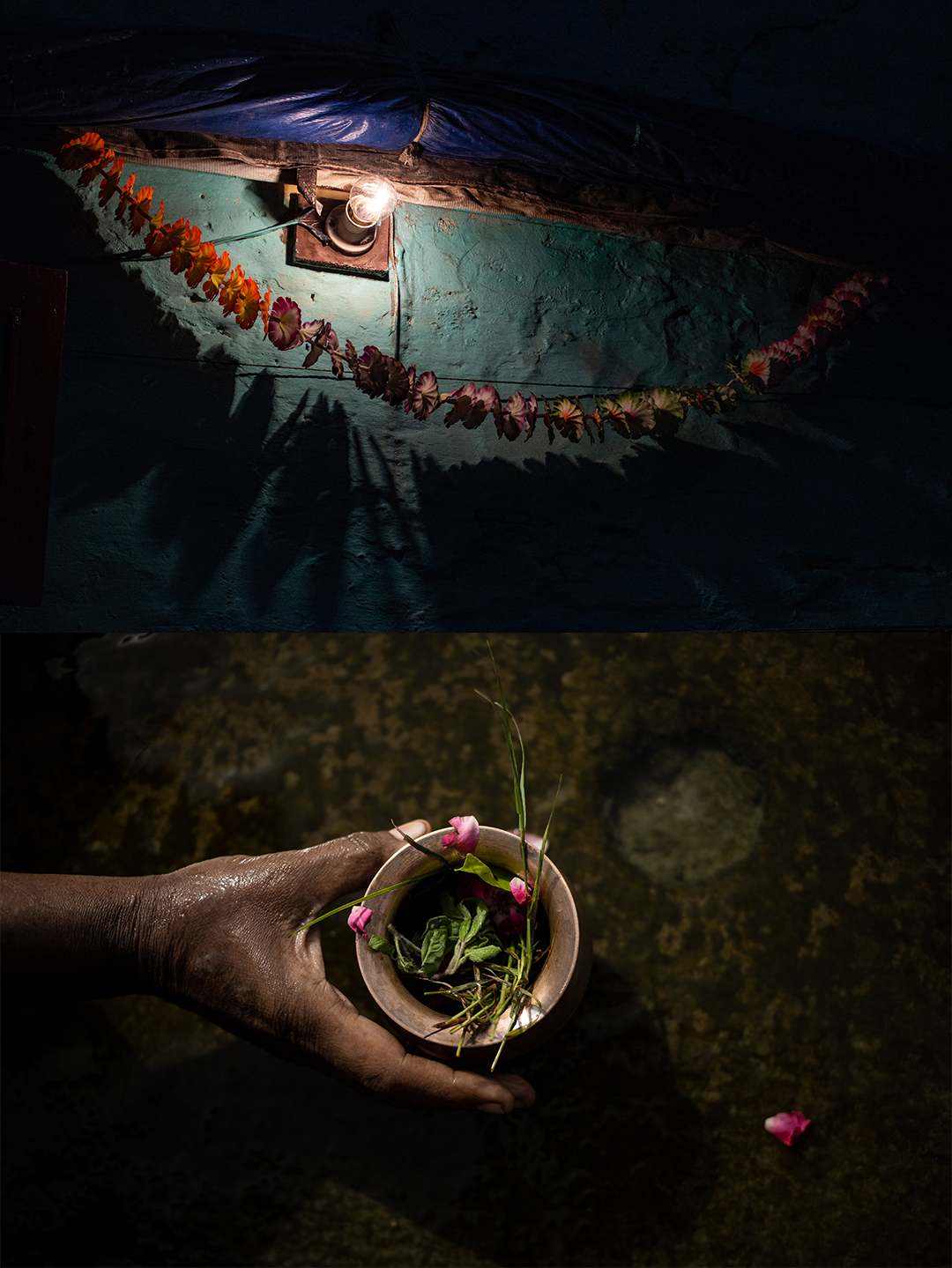 As flores são utilizadas em diversos rituais hindus – seja como adereço religioso na parte externa das casas (acima) ou em oferendas no Rio Ganges
