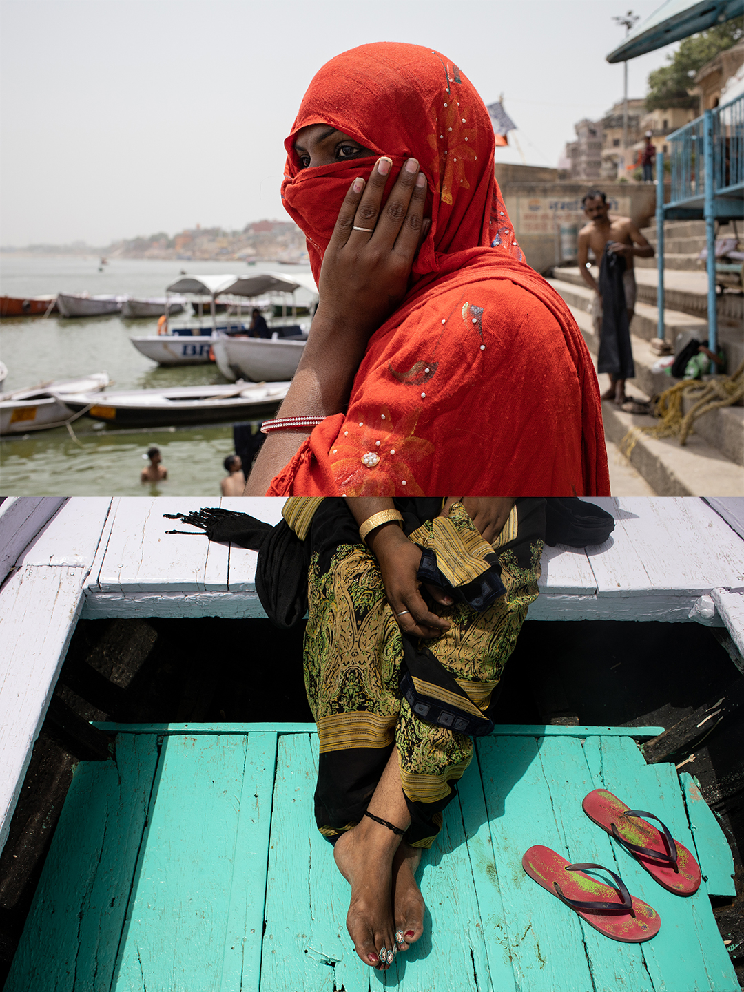 Acima, Rupaa aguarda para subir em um barco no Rio Ganges, em Varanasi. Ela esconde o rosto com um lenço sempre que circula em áreas movimentadas da cidade // Abaixo, detalhes da roupa e adereços de Muskan, típicos da cultura indiana. As Hijras usam Sari como símbolo e afirmação de sua identidade feminina