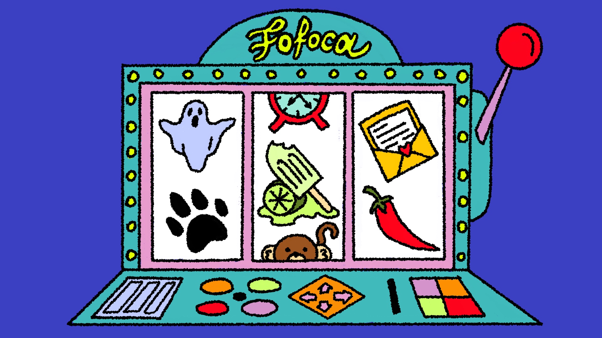 Ilustração de máquina de cassino com os quadros do podcast não inviabilize