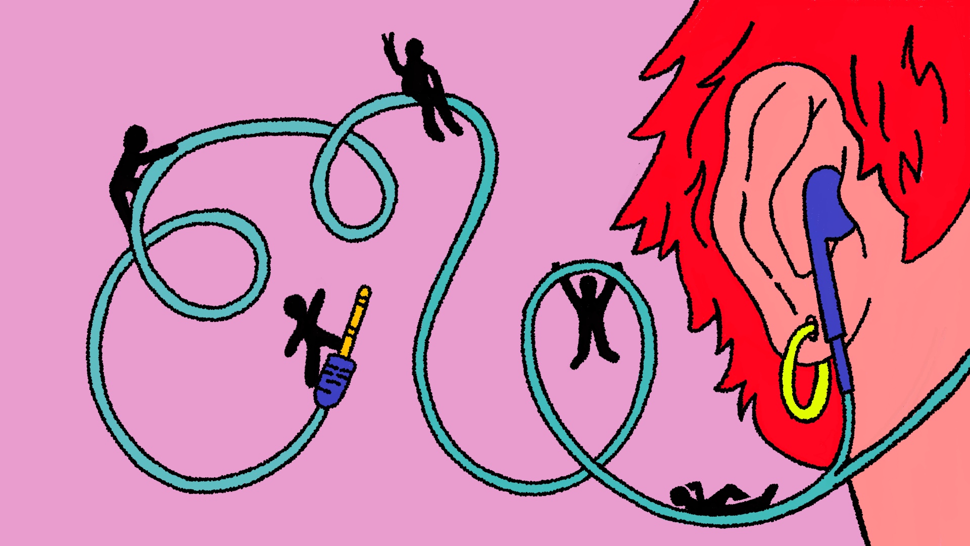 Ilustração de orelha com fone e pessoas pequenas ao redor do fio