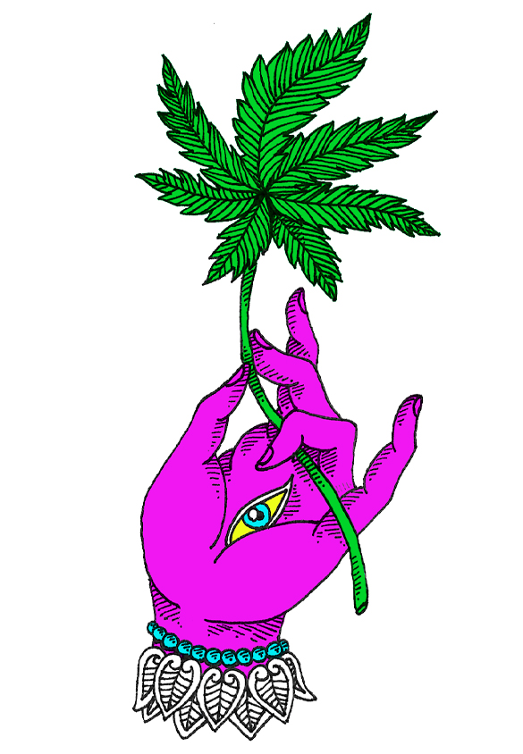 ilustração da mão com flor de lótus substituída pela folha de maconha
