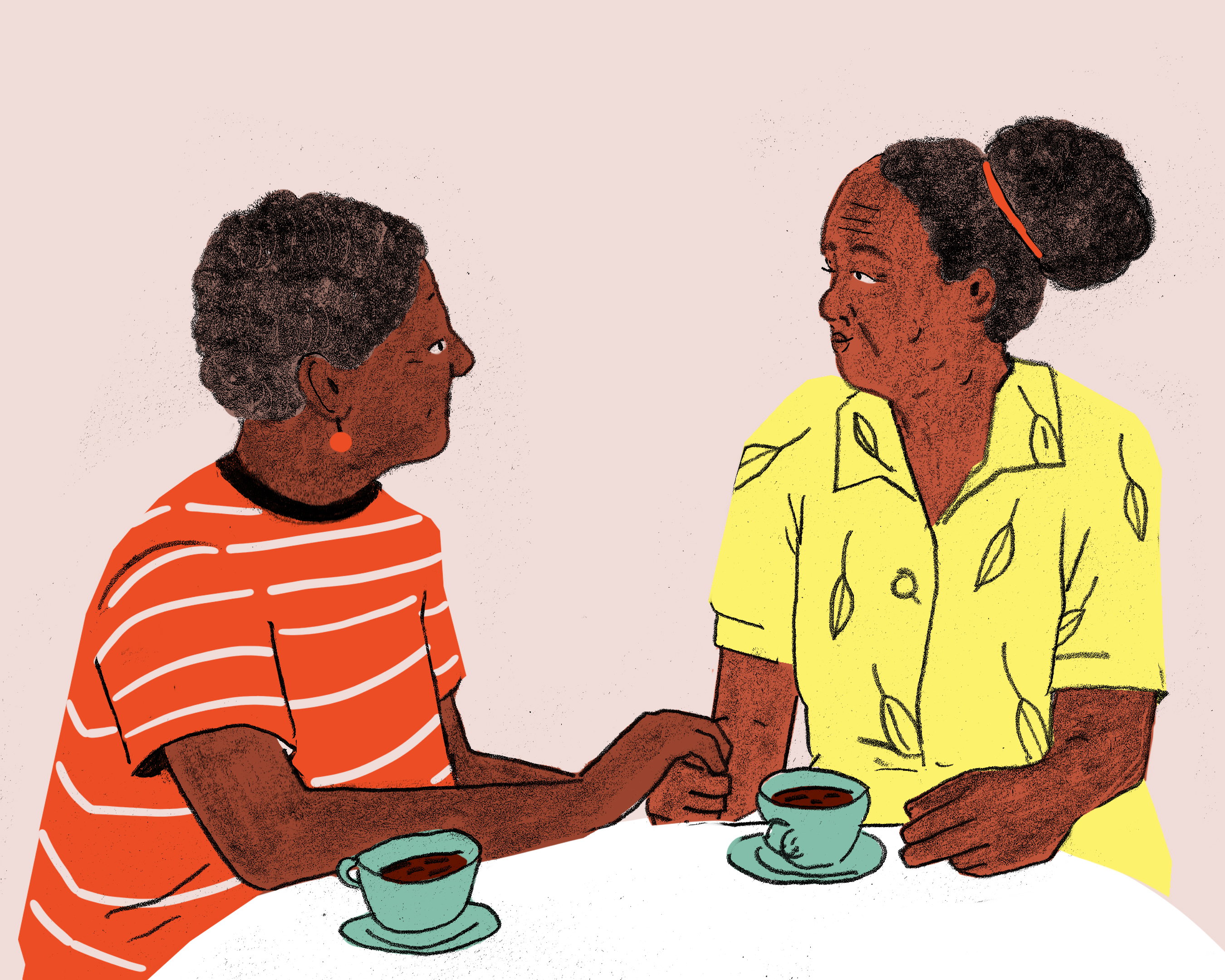 Ilustra&ccedil;&atilde;o onde duas mulheres idosas conversam enquanto tomam caf&eacute;, uma delas toca a m&atilde;o da outra.